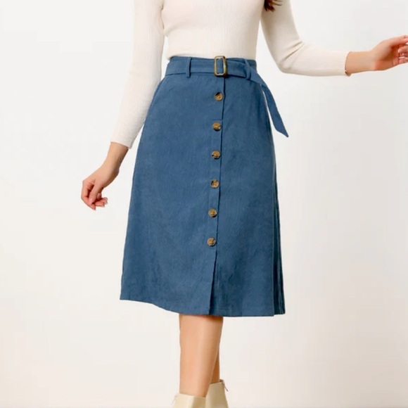 Allegra‎ K High Waist Button Front Belted Corduroy A-Line Midi Skirt - Picture 2 of 7